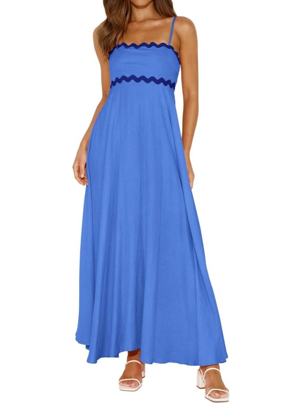 Women's Blue Spaghetti Strap Casual Sleeveless Smocked Boho Maxi Dress